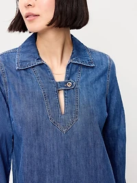 Long-Sleeve Popover Jean Mini Dress