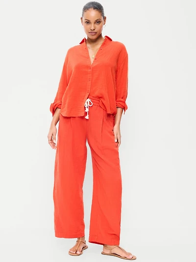 High-Waisted Crinkle Gauze Barrel Ankle Pants