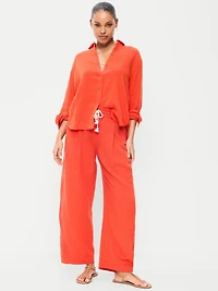 High-Waisted Crinkle Gauze Barrel Ankle Pants