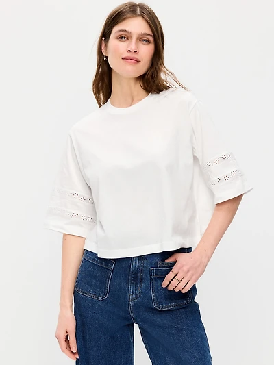 Vintage Crew-Neck Cropped Lace-Trim T-Shirt