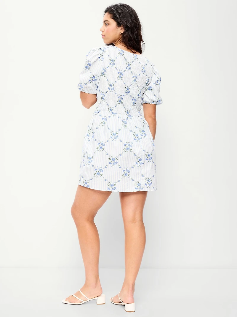 Puff-Sleeve Smocked Fit & Flare Mini Dress