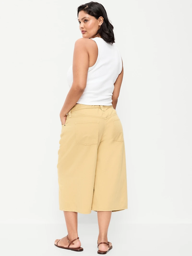 Mid-Rise Baggy Drawstring Wide-Leg Culotte Pants