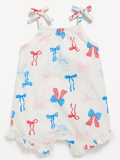 Printed Sleeveless Tie-Strap Romper for Baby