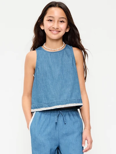 Sleeveless Lace-Trim Chambray Top for Girls