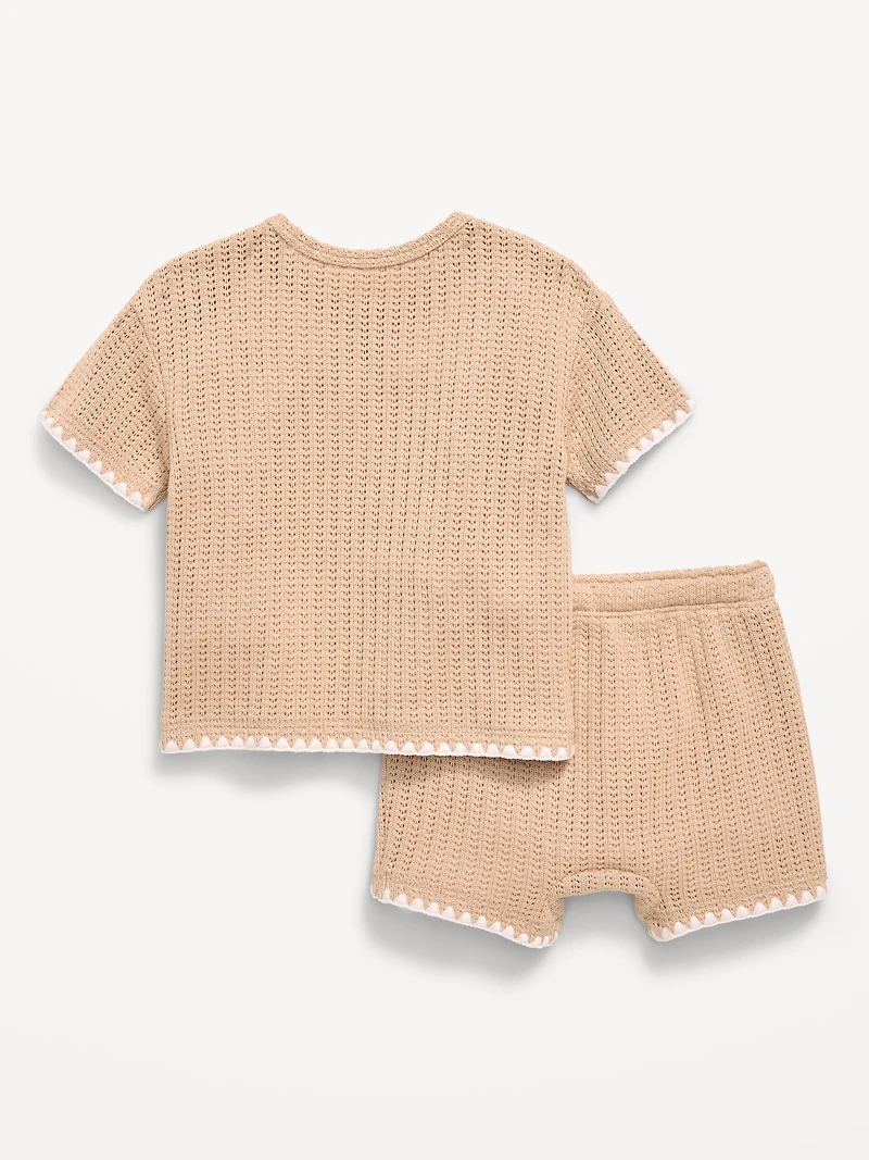 Short-Sleeve Crochet-Knit Top and Shorts Set for Baby