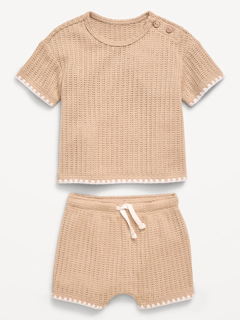 Short-Sleeve Crochet-Knit Top and Shorts Set for Baby