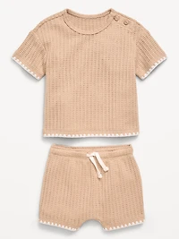 Short-Sleeve Crochet-Knit Top and Shorts Set for Baby
