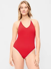 Ribbed V-Neck Halter One-Piece Swimsuit