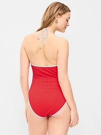 Ribbed V-Neck Halter One-Piece Swimsuit