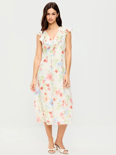 Ruffle-Sleeve Fit & Flare Midi Dress