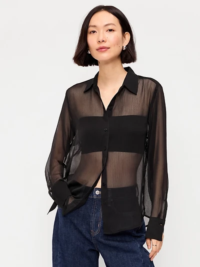 Chiffon Sheer Button-Down Shirt