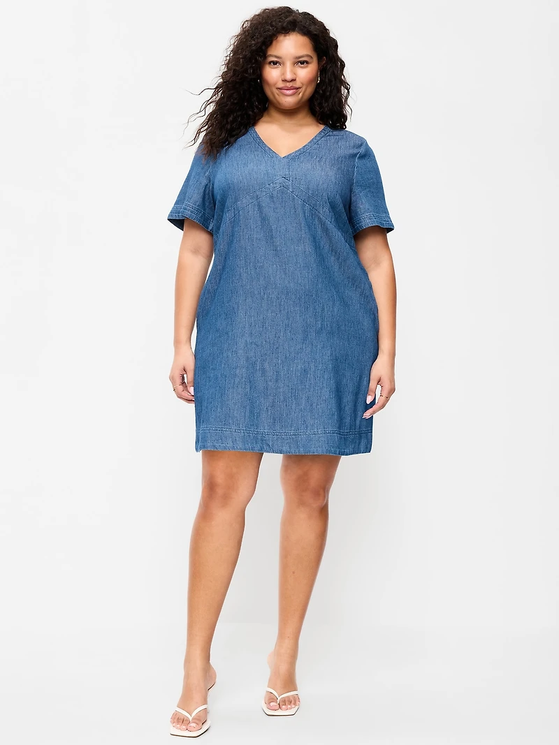 Short-Sleeve Denim Mini Shift Dress