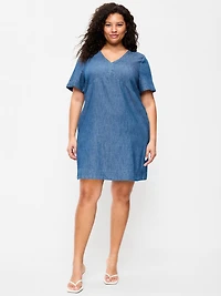 Short-Sleeve Denim Mini Shift Dress