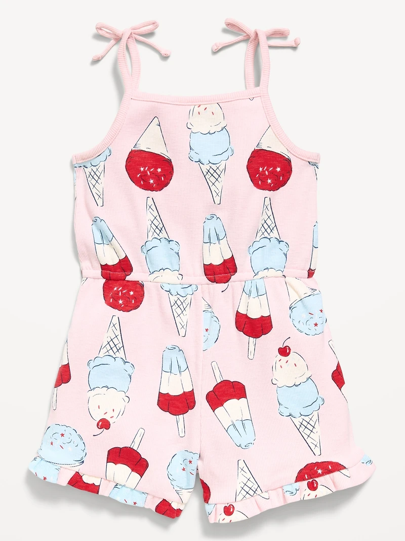Printed Sleeveless Ribbed Tie-Bow Romper for Toddler Girls
