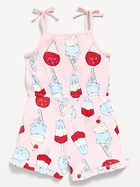 Printed Sleeveless Ribbed Tie-Bow Romper for Toddler Girls