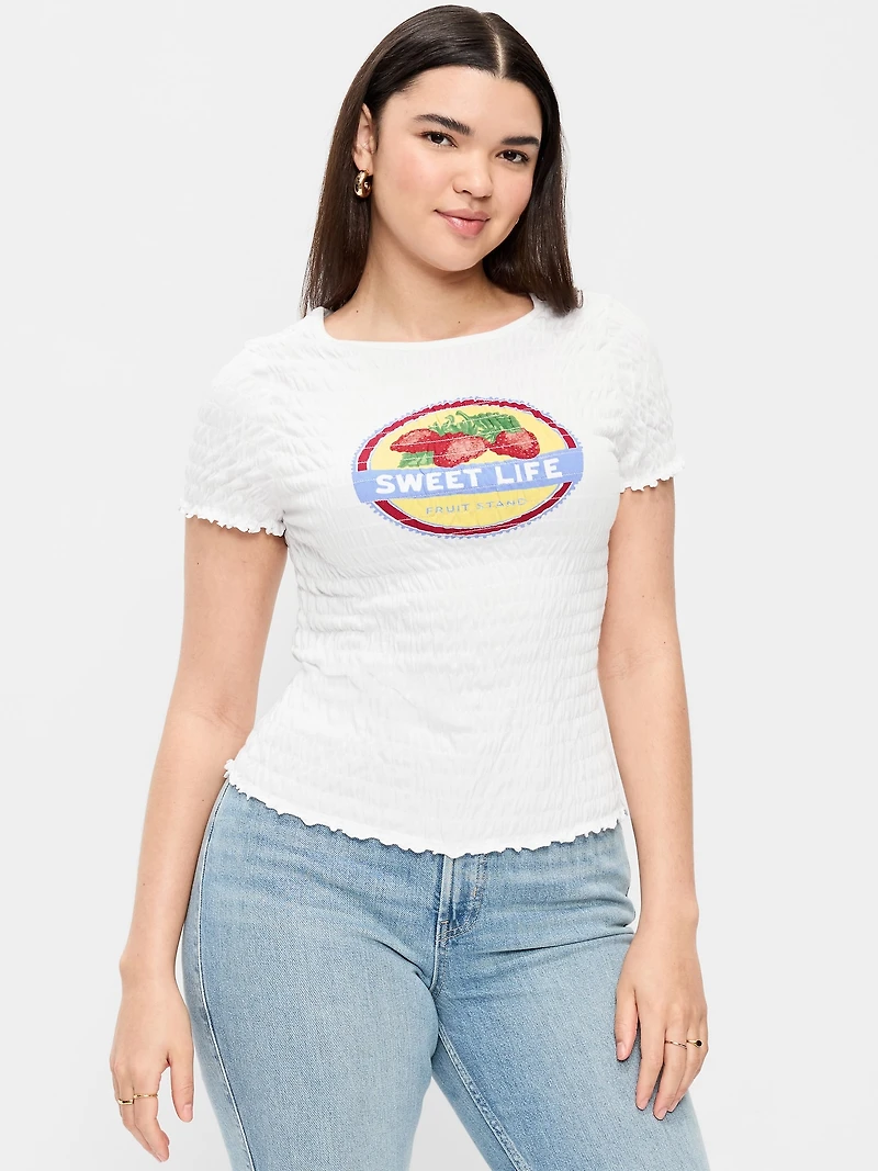 Slit-Neck Smocked Graphic Top