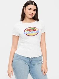 Slit-Neck Smocked Graphic Top