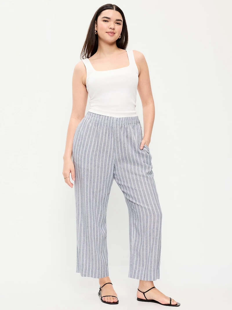 High-Waisted Linen-Blend Straight Ankle Pants