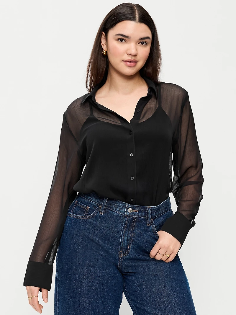 Chiffon Sheer Button-Down Shirt