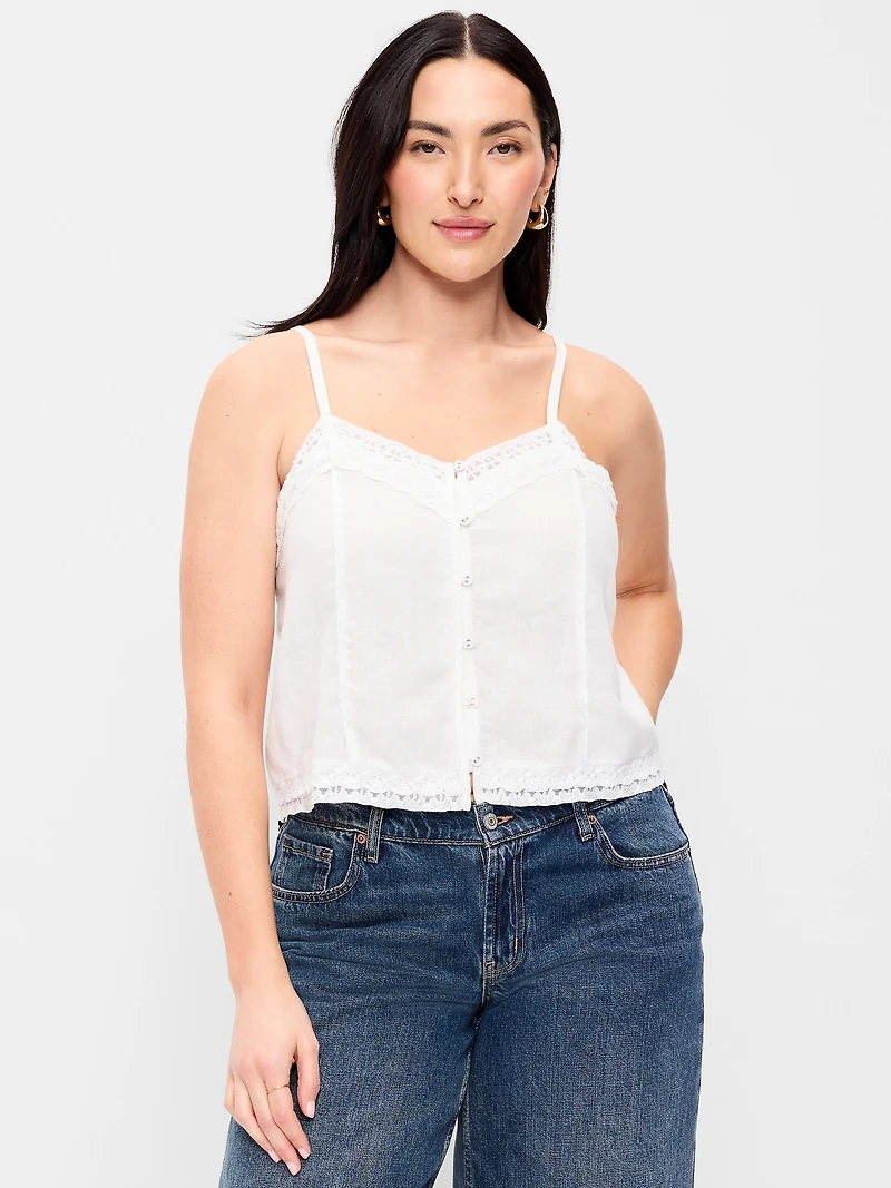 Lace-Trim Linen-Blend Cami Tank Top