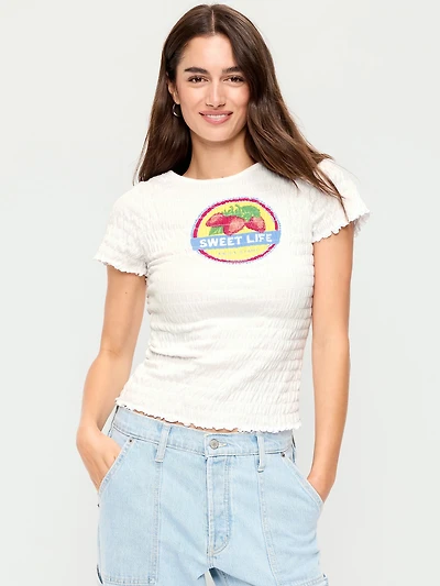 Slit-Neck Smocked Graphic Top