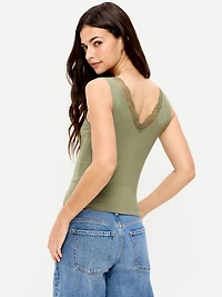 Sleeveless Lace-Trim V-Neck Ribbed Top