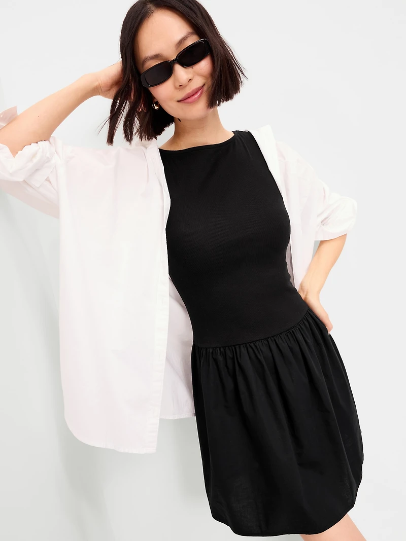 Mixed Media Drop-Waist Mini Dress