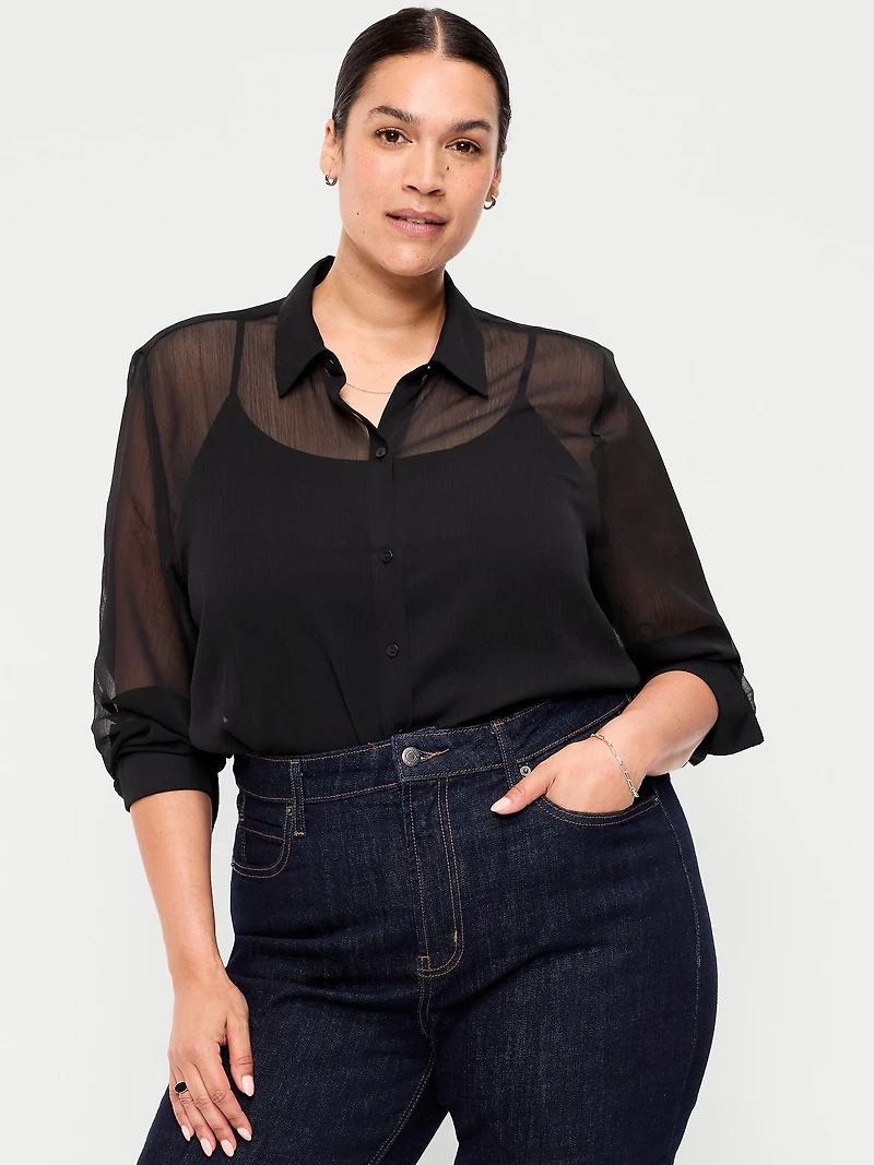 Chiffon Sheer Button-Down Shirt