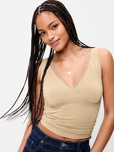 Sleeveless Lace-Trim V-Neck Top