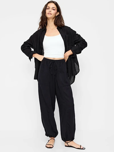 Mid-Rise Linen-Blend Cinched-Ankle Pants