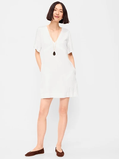 V-Neck Linen-Blend Mini Shift Dress