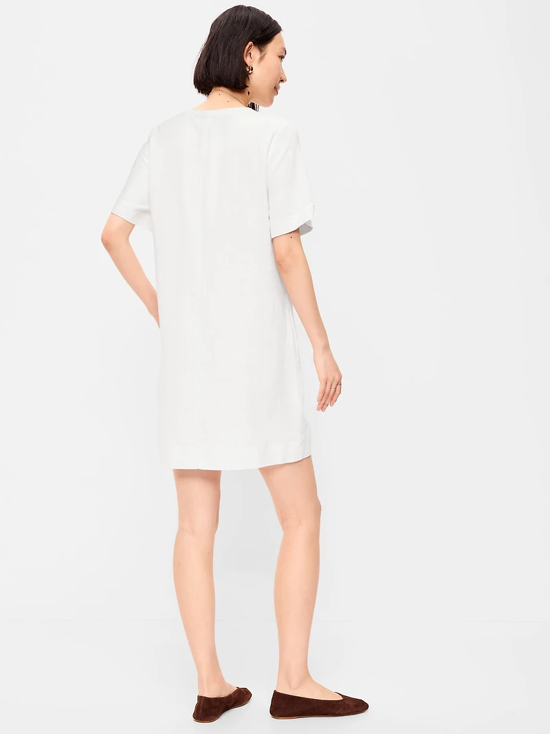 V-Neck Linen-Blend Mini Shift Dress