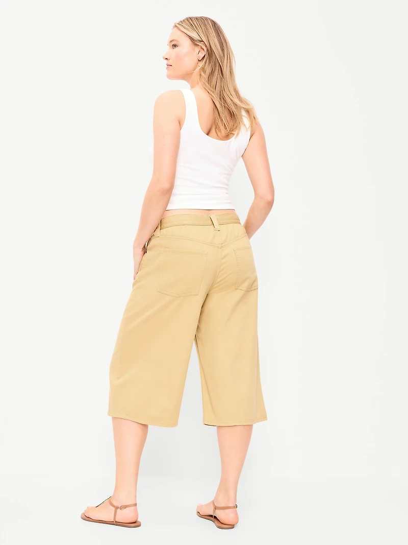 Mid-Rise Baggy Drawstring Wide-Leg Culotte Pants