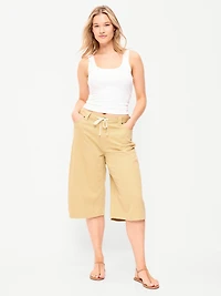 Mid-Rise Baggy Drawstring Wide-Leg Culotte Pants