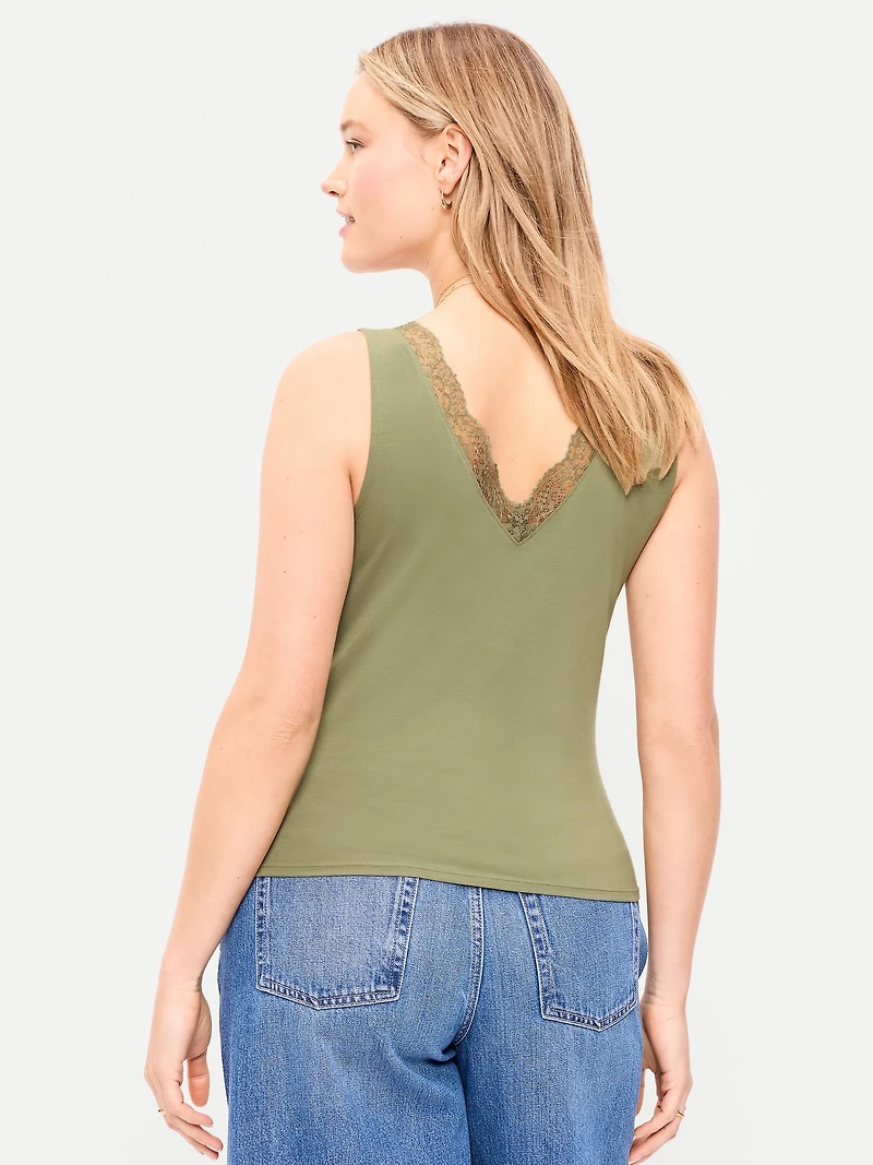 Sleeveless Lace-Trim V-Neck Ribbed Top