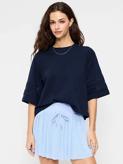 Vintage Crew-Neck Cropped Lace-Trim T-Shirt