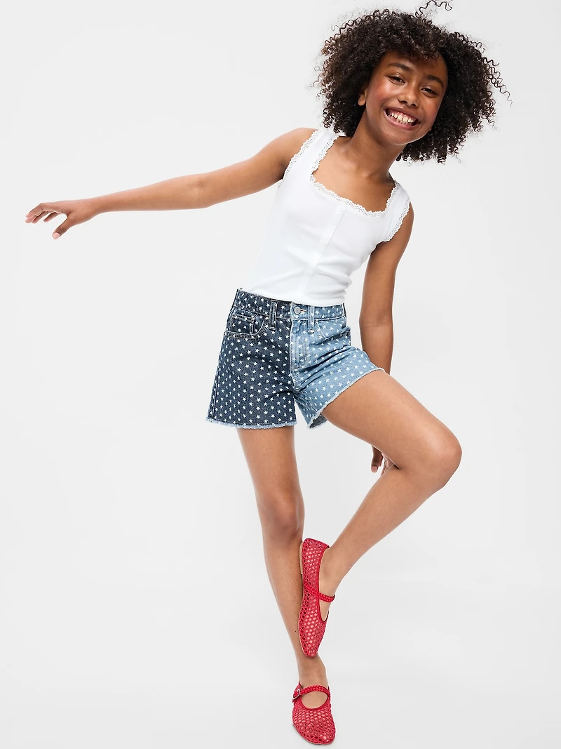 High-Waisted Two-Tone Frayed-Hem Jean Shorts for Girls