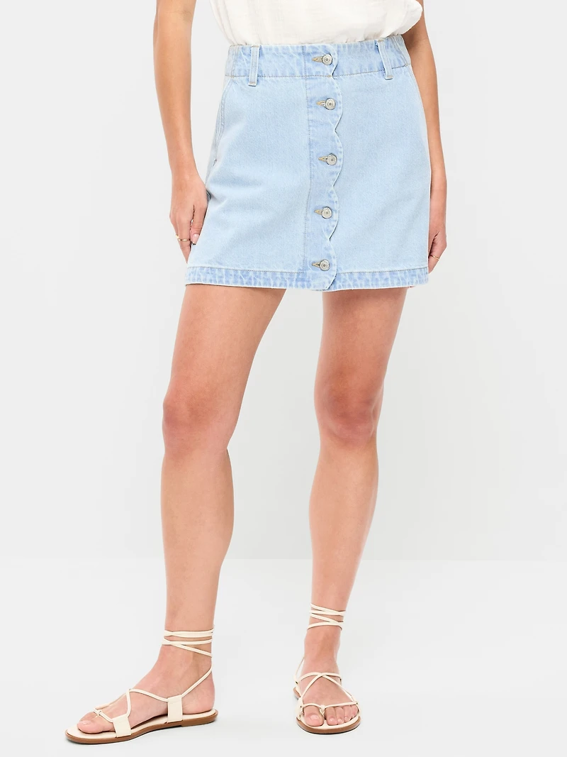 Scalloped-Edge Button-Down Mini Skirt