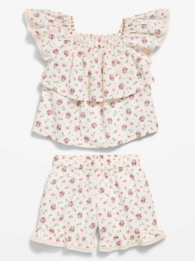 Printed Short-Sleeve Ruffled Top and Shorts Set for Toddler Girls