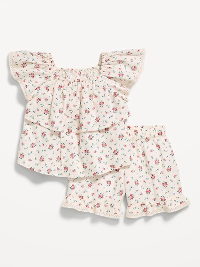 Printed Short-Sleeve Ruffled Top and Shorts Set for Toddler Girls