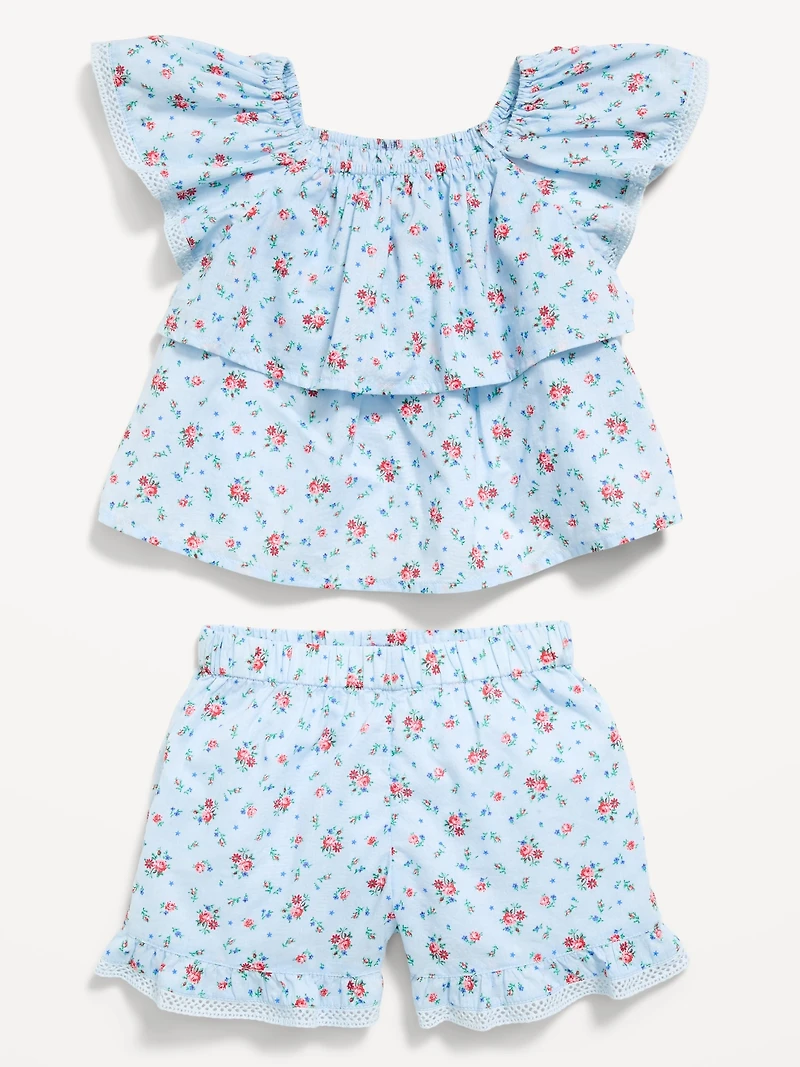 Printed Ruffled Top and Shorts Set for Toddler Girls