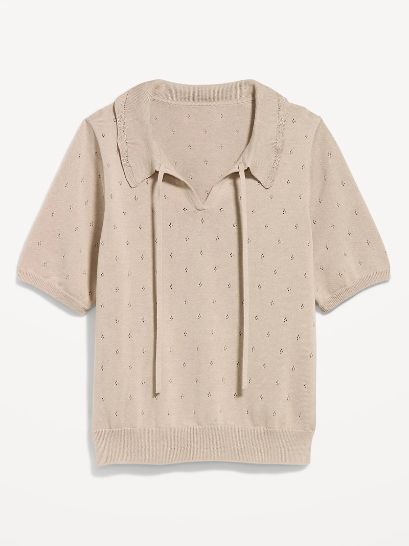 Tie-Front Seaside Cotton Pointelle Cropped Polo