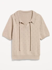 Tie-Front Seaside Cotton Pointelle Cropped Polo