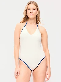 Ribbed V-Neck Halter One-Piece Swimsuit