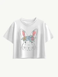 Easter Bunny Face Short Sleeve Boxy Graphic T-Shirt For Girls