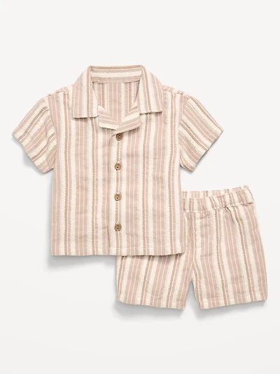 Short-Sleeve Textured Striped Shirt and Shorts Set for Baby