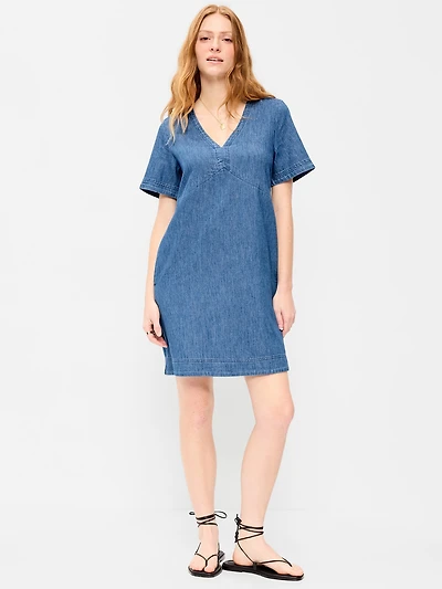 Short-Sleeve Denim Mini Shift Dress