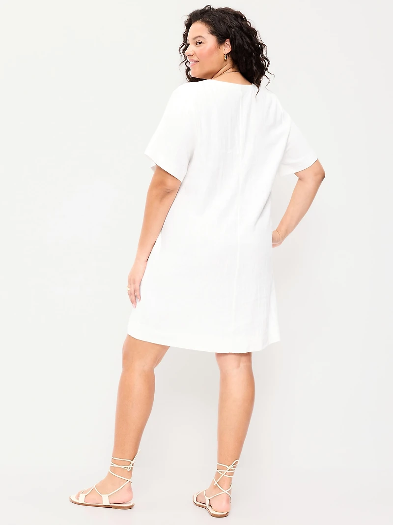 V-Neck Linen-Blend Mini Shift Dress