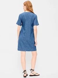 Short-Sleeve Denim Mini Shift Dress