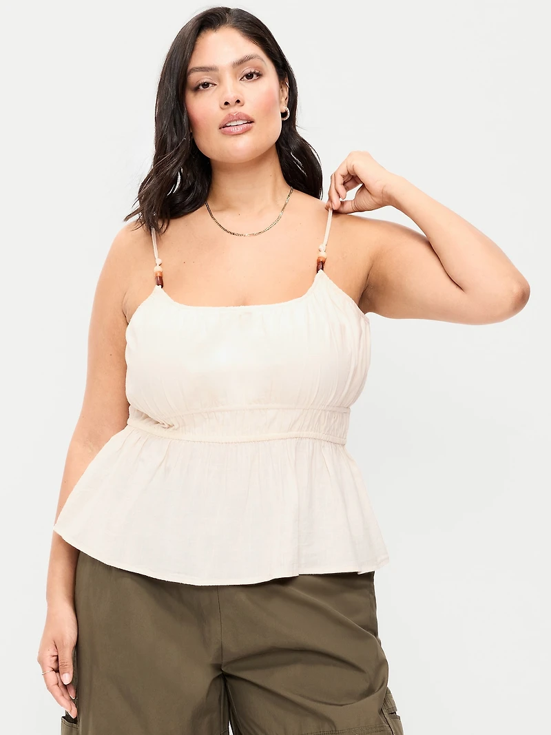 Beaded Strap Smocked-Waist Tank Top